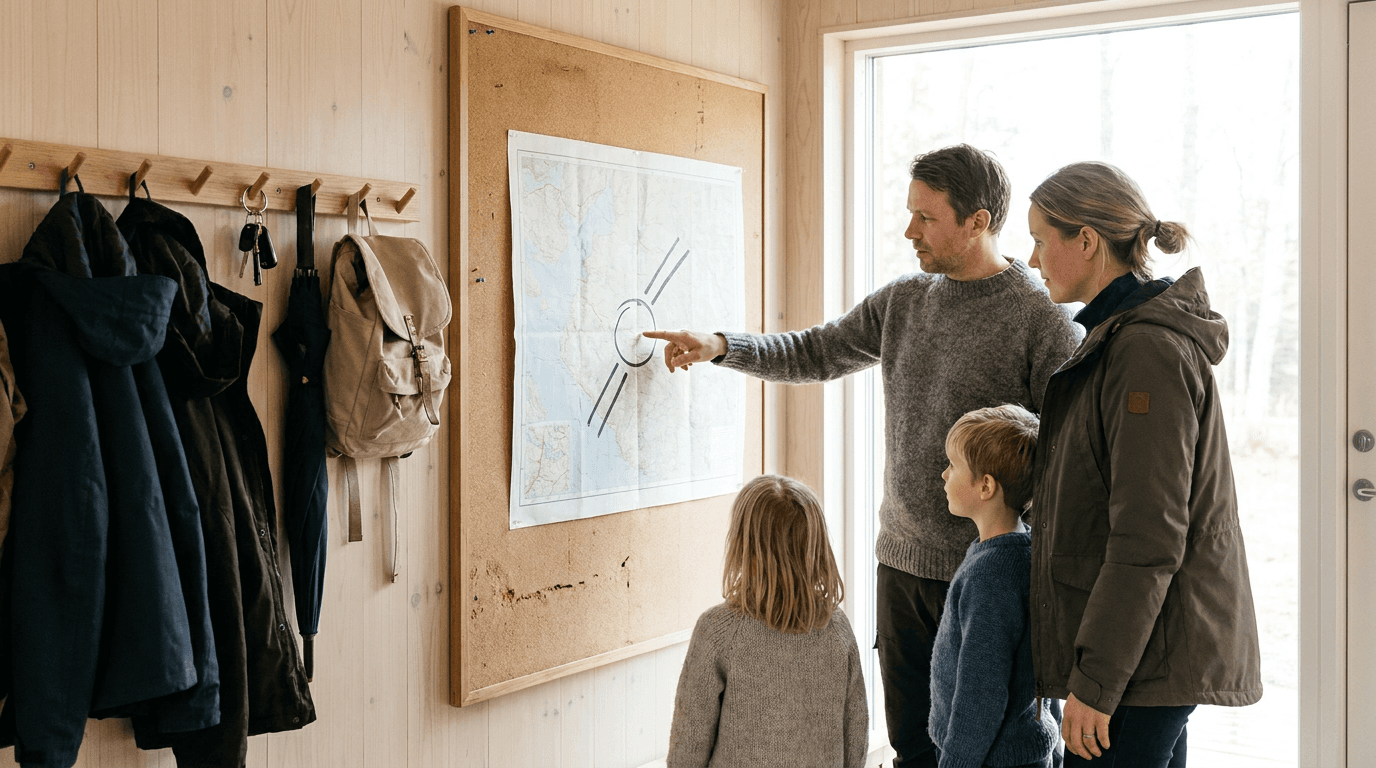 Praktisk illustrasjon av familieplan ved krise som del av familie, naboer og omsorg hjemme.