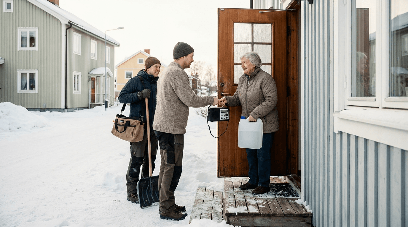 Praktisk illustrasjon av naboressurs som del av familie, naboer og omsorg hjemme.