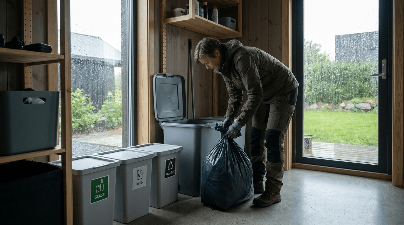 Praktisk illustrasjon av avfallshåndtering som del av helse og hygiene hjemme.