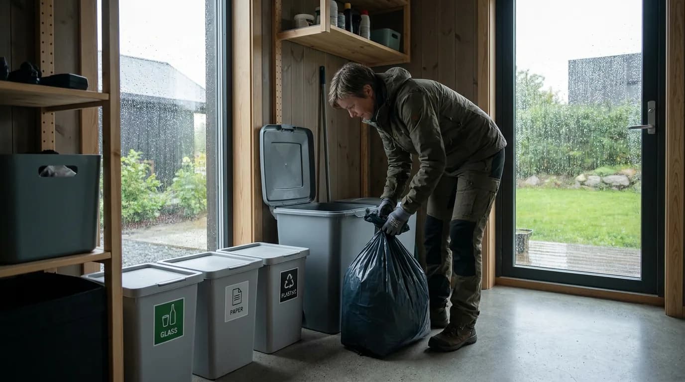 Praktisk illustrasjon av avfallshåndtering som del av helse og hygiene hjemme.