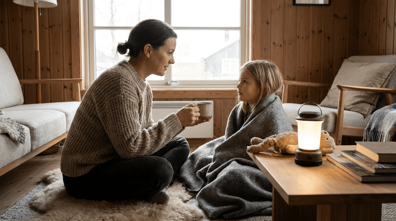 Praktisk illustrasjon av barn i krise som del av familie, naboer og omsorg hjemme.