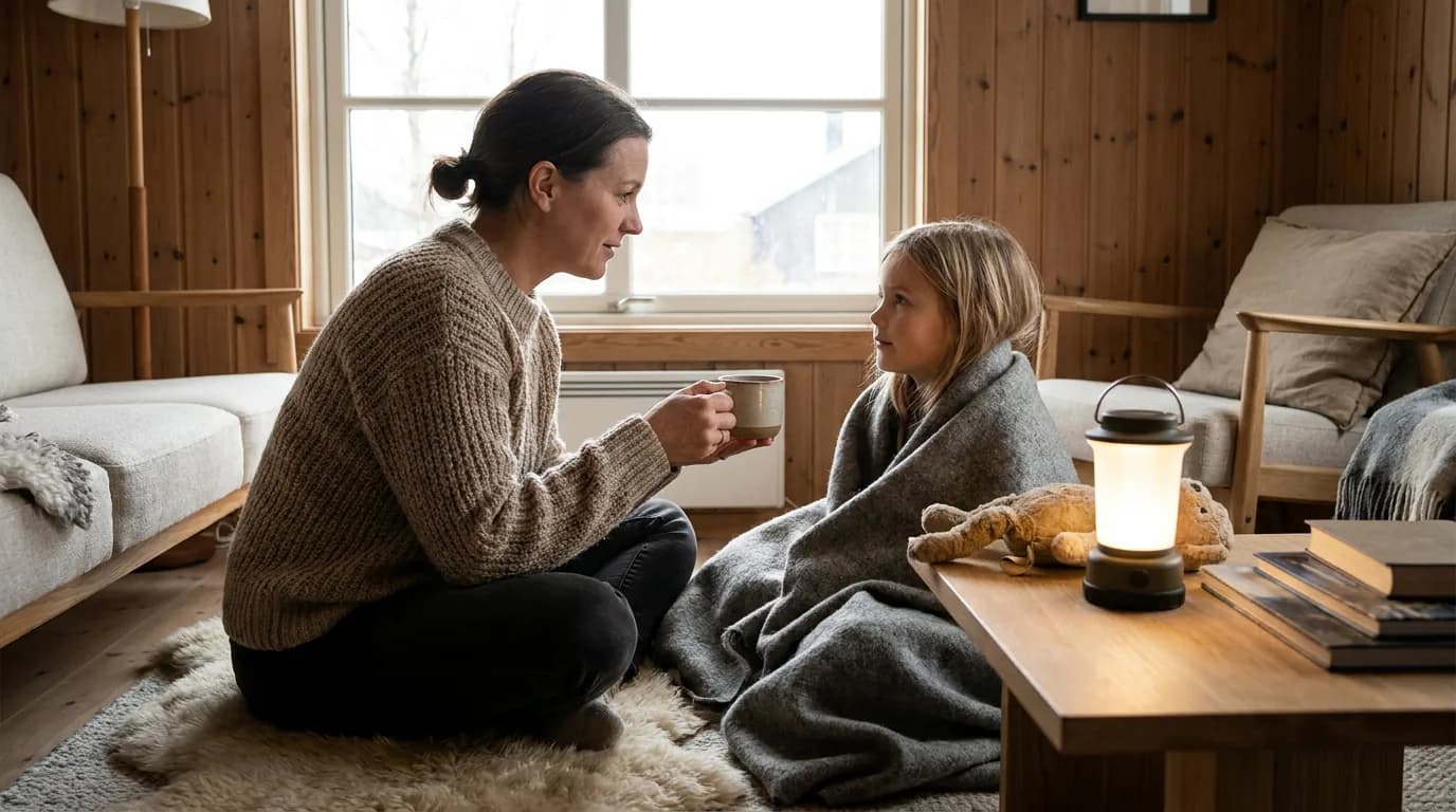 Praktisk illustrasjon av barn i krise som del av familie, naboer og omsorg hjemme.