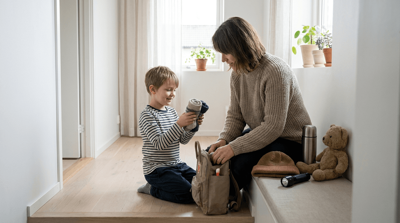 Praktisk illustrasjon av barneberedskap som del av familie, naboer og omsorg hjemme.