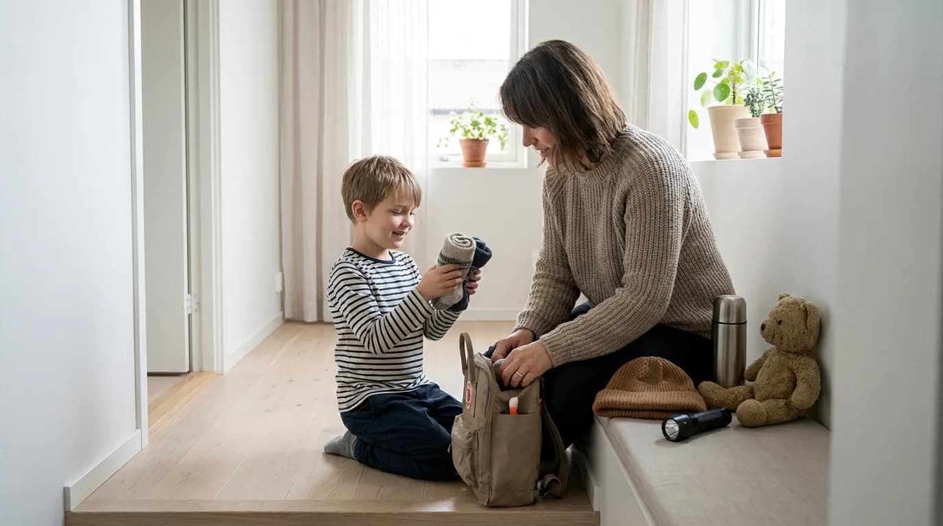 Praktisk illustrasjon av barneberedskap som del av familie, naboer og omsorg hjemme.