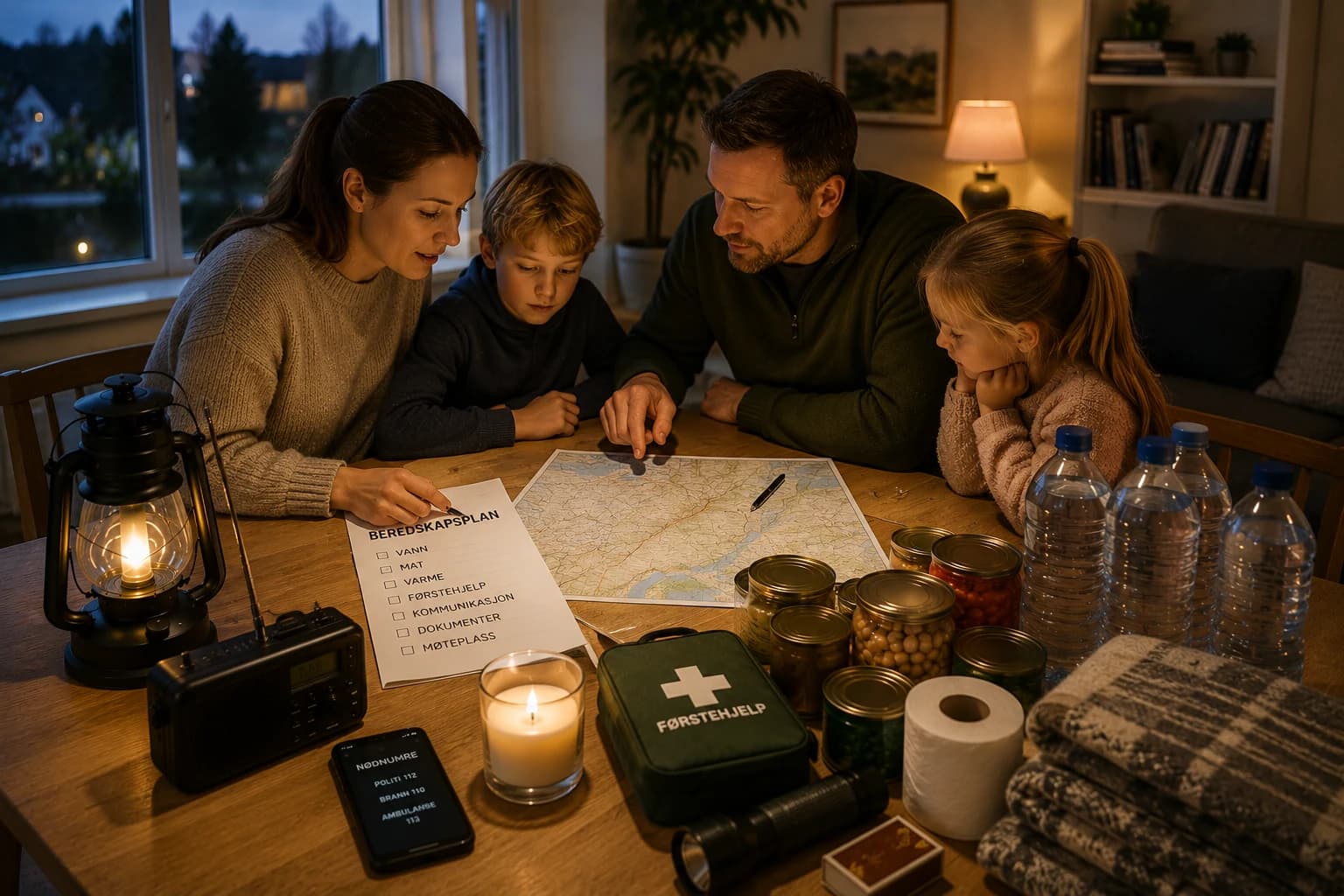 Praktisk illustrasjon av beredskapsvenn som del av familie, naboer og omsorg hjemme.