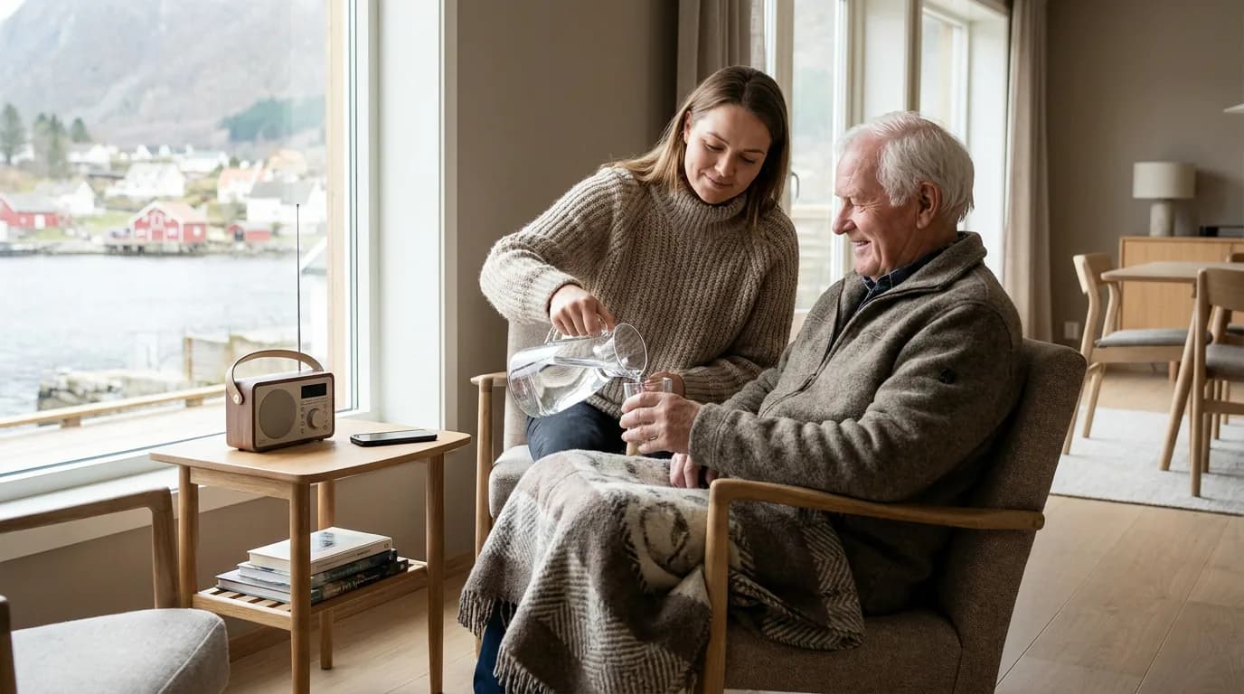 Praktisk illustrasjon av eldre i krise som del av familie, naboer og omsorg hjemme.