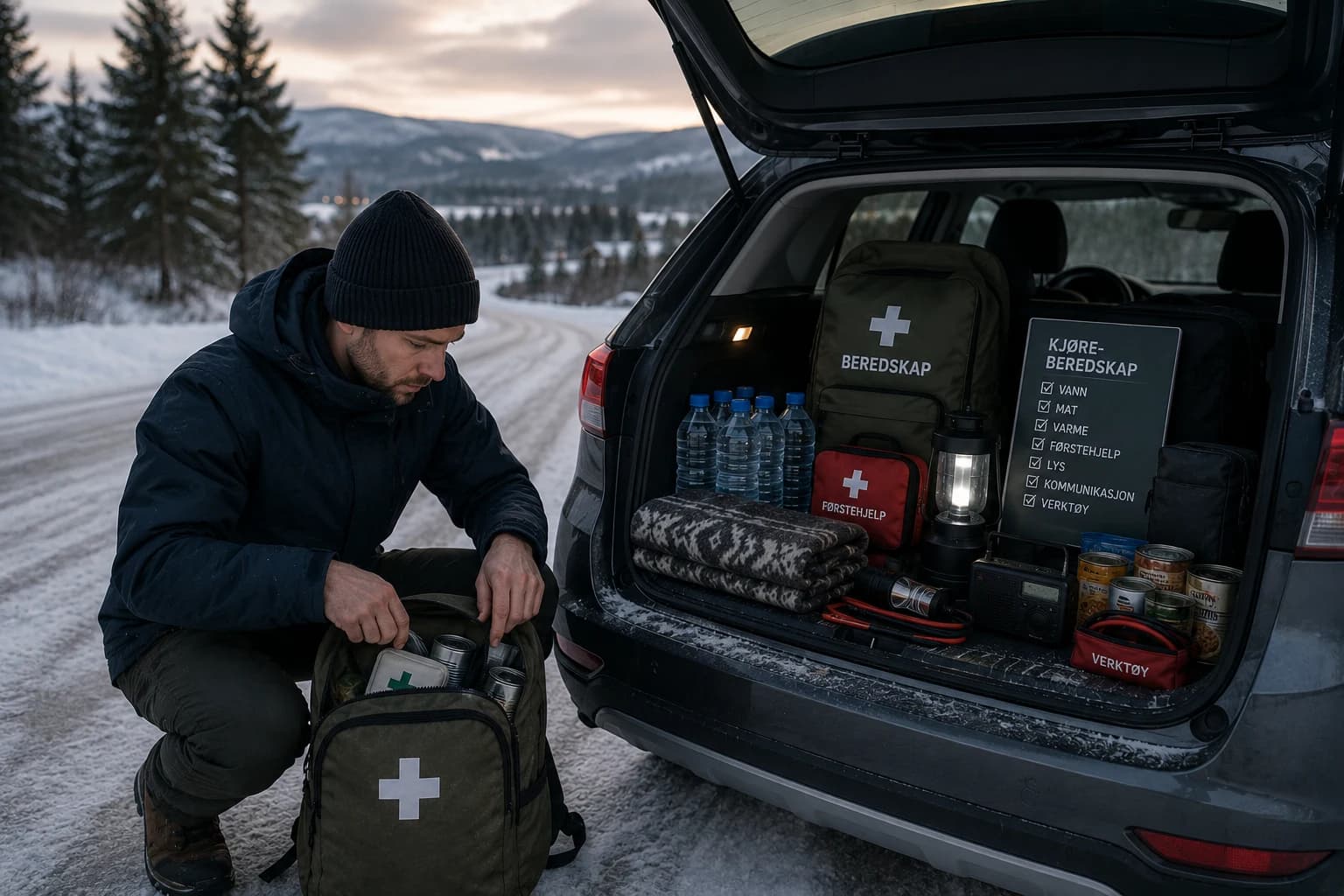 Praktisk illustrasjon av evakueringsbag som del av familie, naboer og omsorg hjemme.