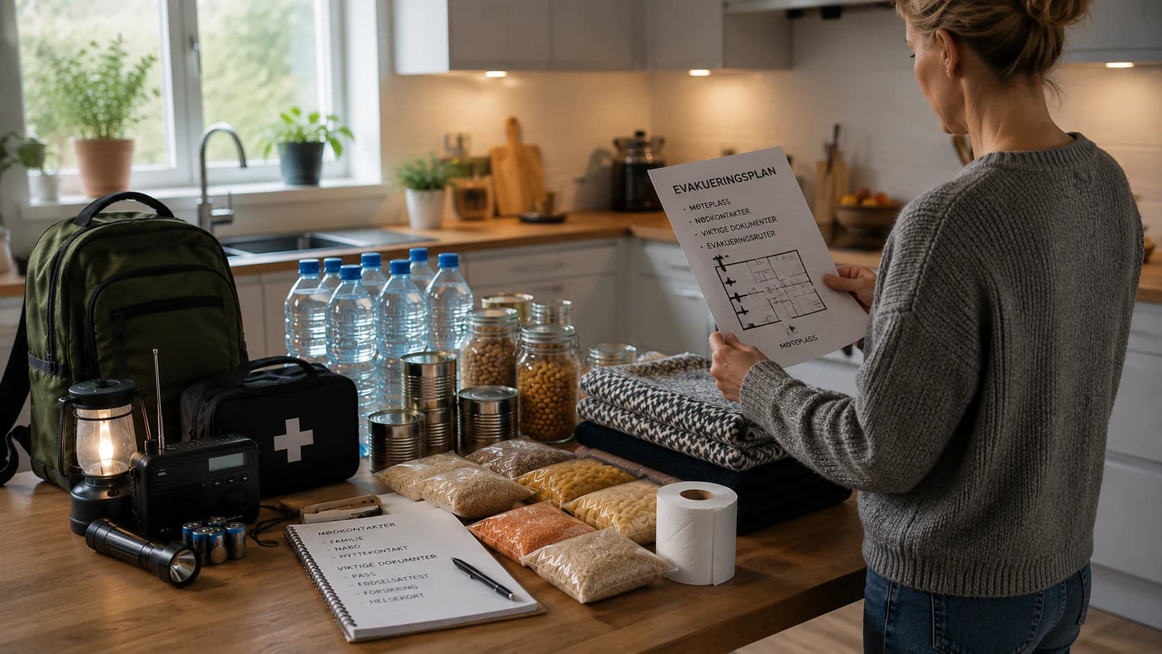 Praktisk illustrasjon av evakueringsplan som del av familie, naboer og omsorg hjemme.