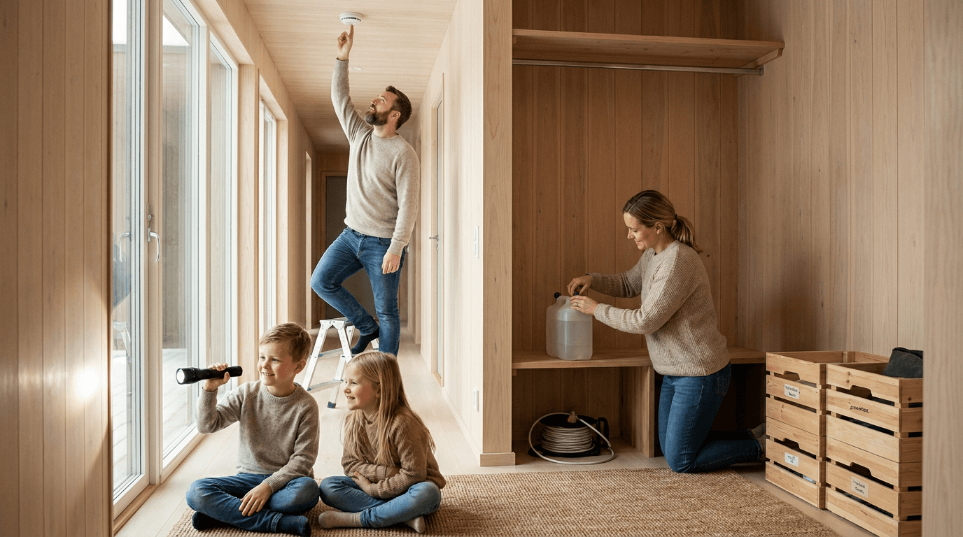 Praktisk illustrasjon av familieberedskap som del av familie, naboer og omsorg hjemme.