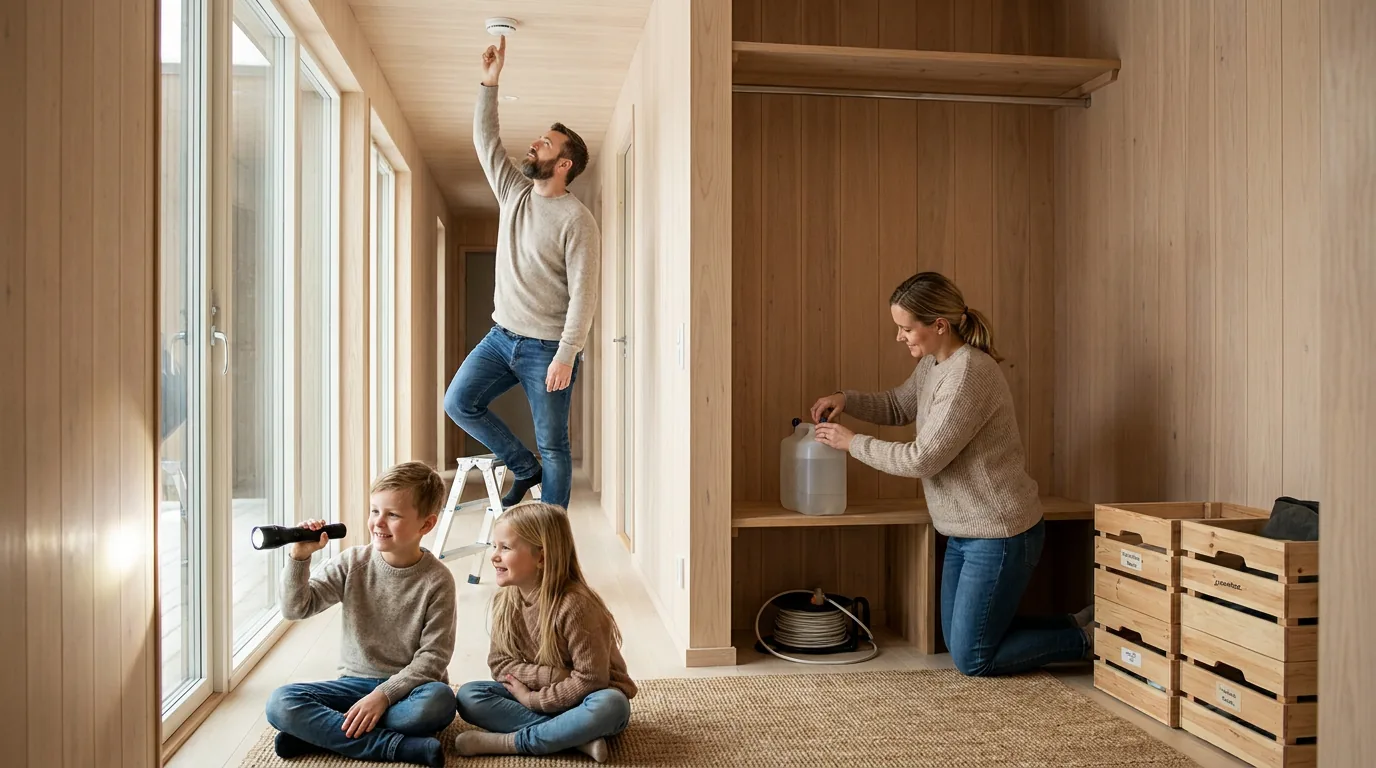 Praktisk illustrasjon av familieberedskap som del av familie, naboer og omsorg hjemme.