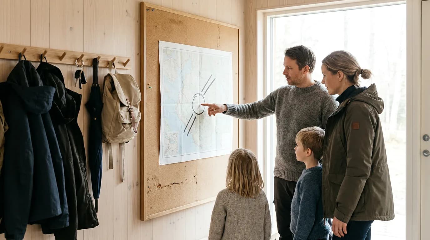 Praktisk illustrasjon av familieplan ved krise som del av familie, naboer og omsorg hjemme.