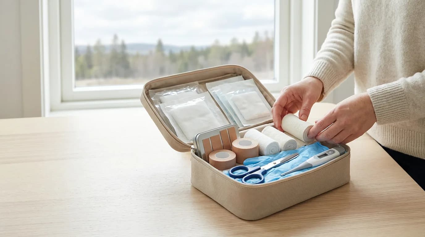 Praktisk illustrasjon av førstehjelpsutstyr som del av helse og hygiene hjemme.