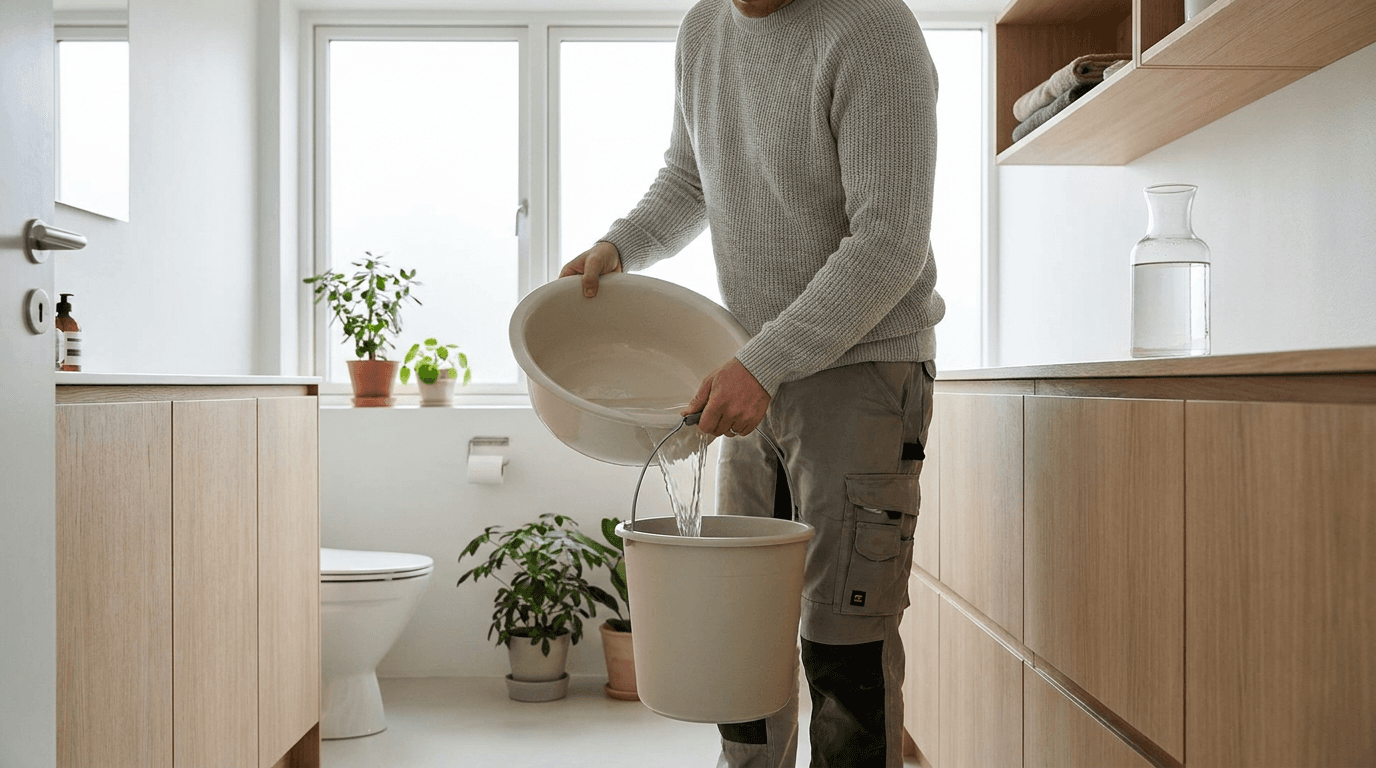 Praktisk illustrasjon av gråvann som del av vannberedskap hjemme.
