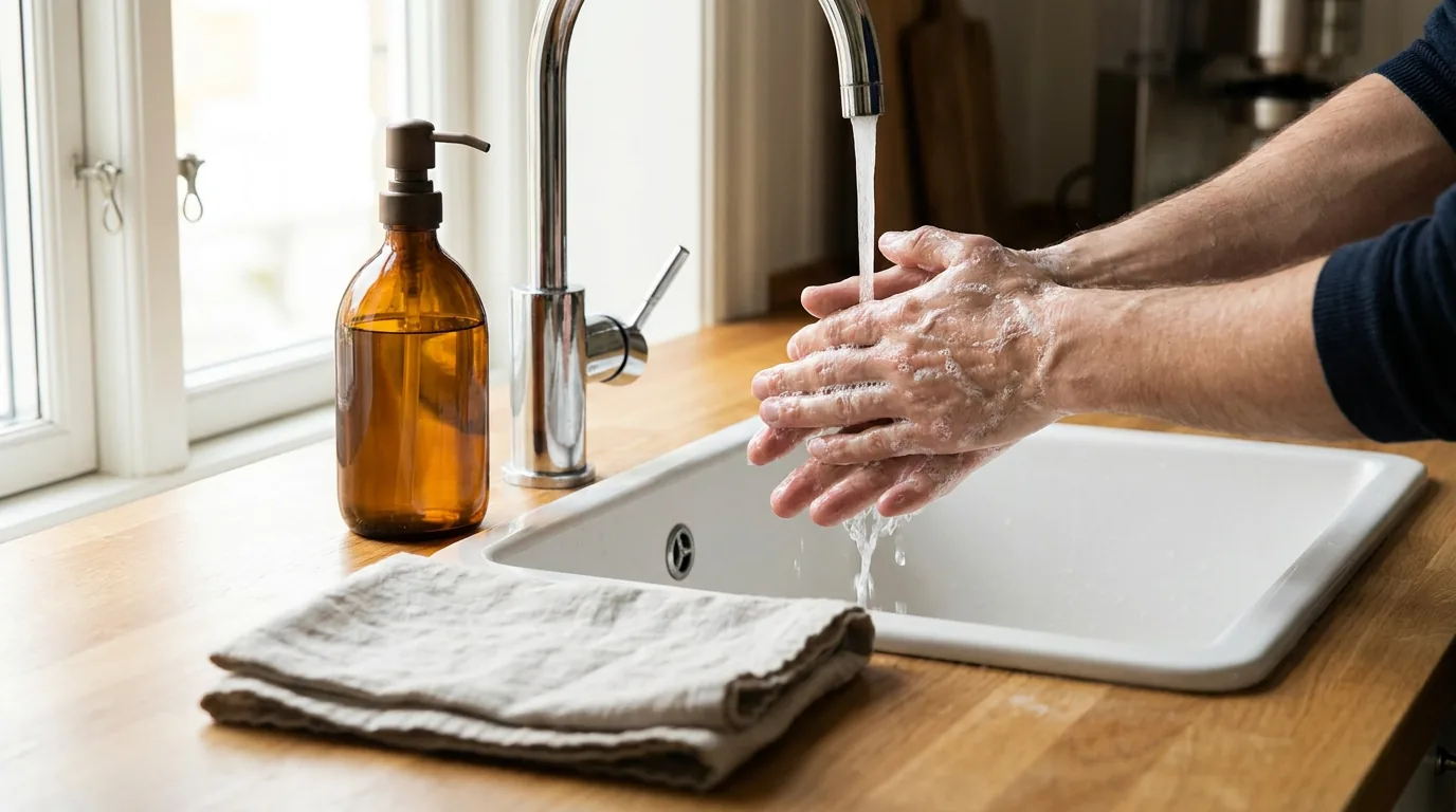 Praktisk illustrasjon av håndhygiene som del av helse og hygiene hjemme.