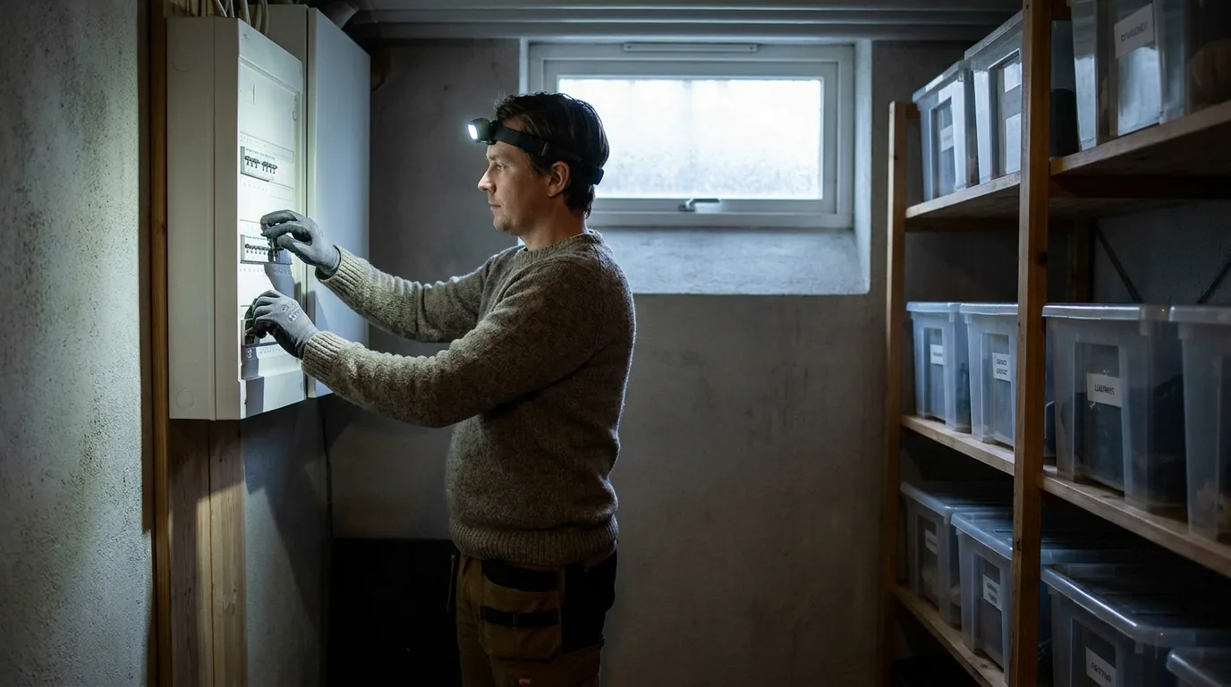 Praktisk illustrasjon av hodelykt som del av strøm, varme og lys hjemme.