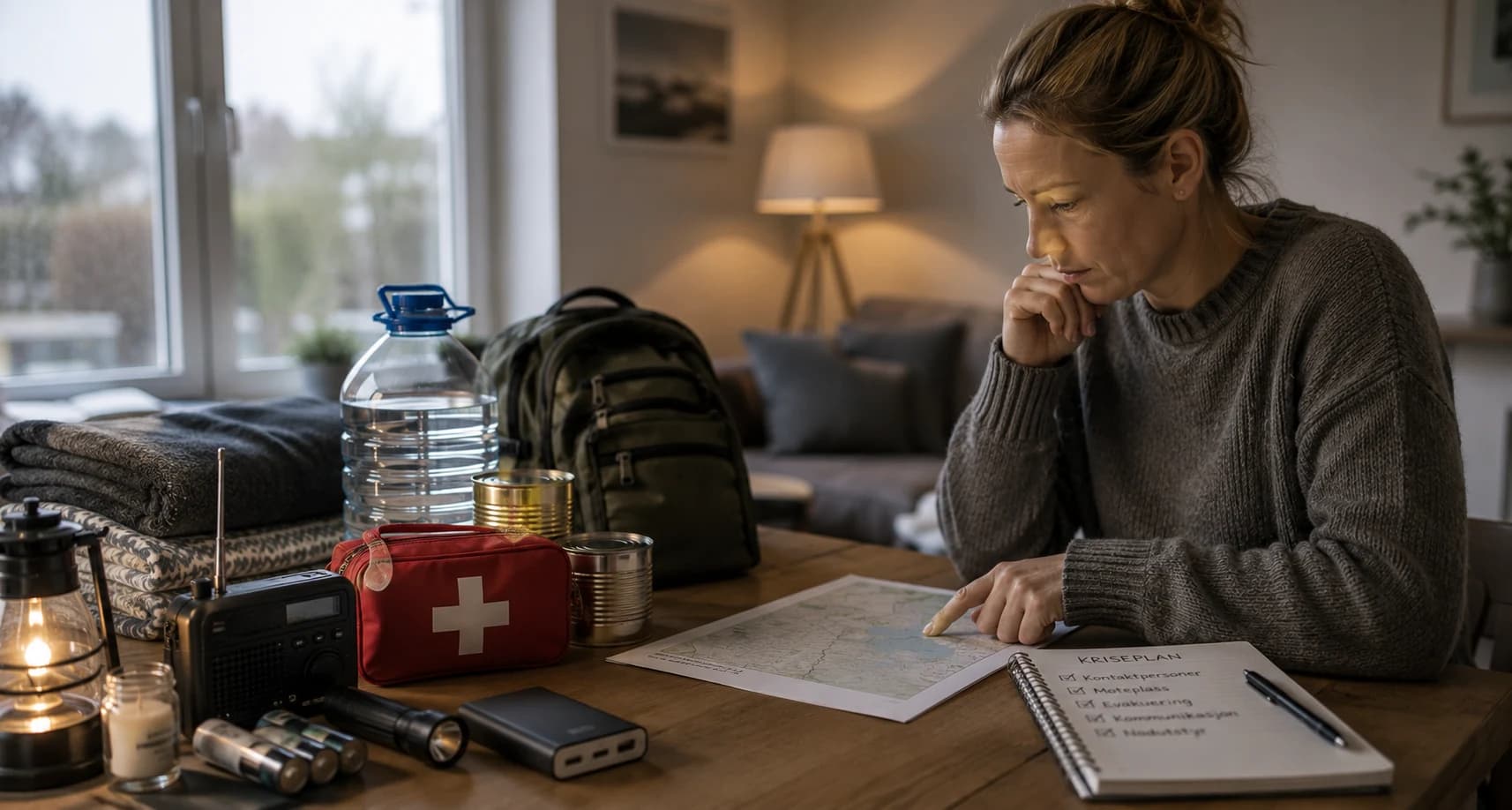 Praktisk illustrasjon av krise som del av grunnleggende egenberedskap hjemme.
