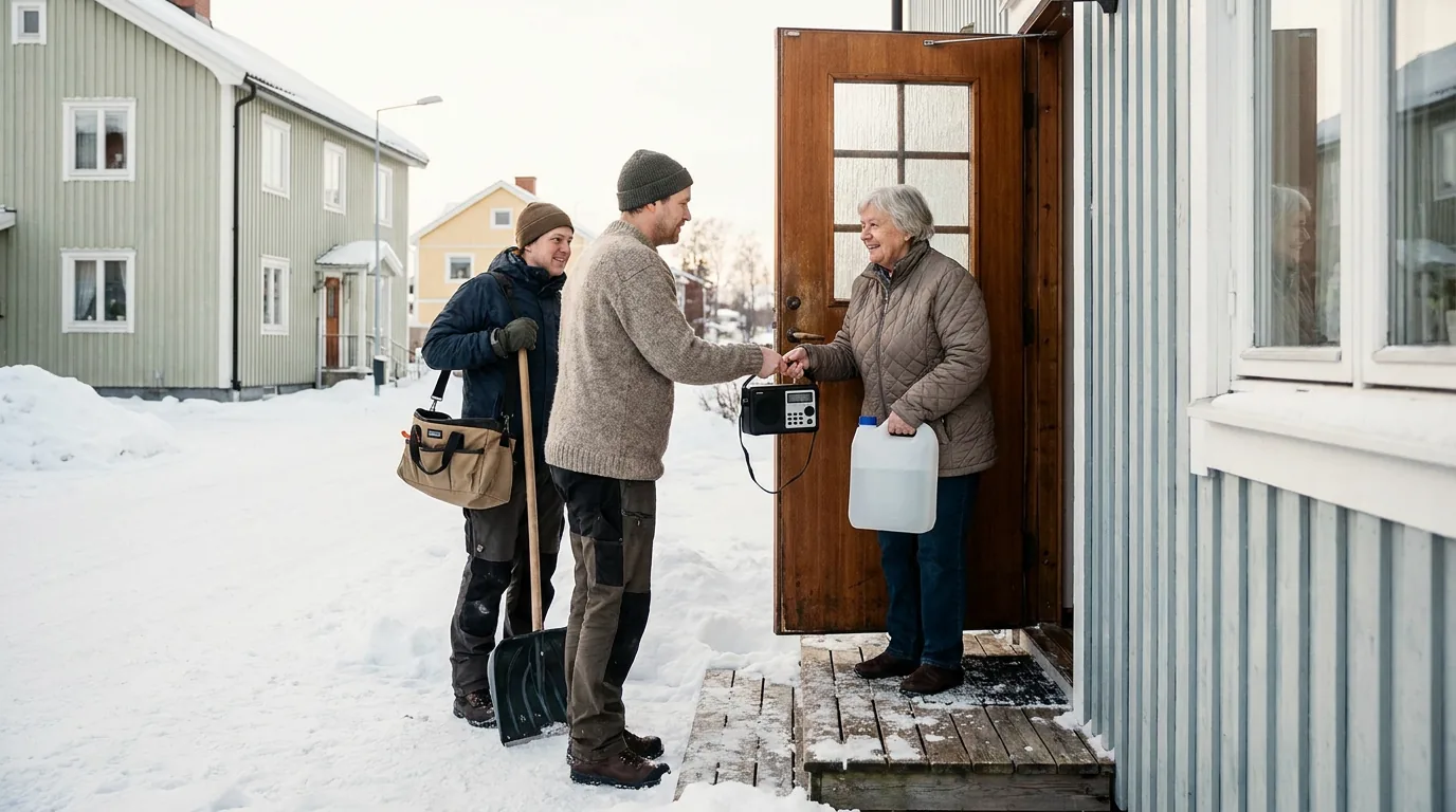 Praktisk illustrasjon av naboressurs som del av familie, naboer og omsorg hjemme.