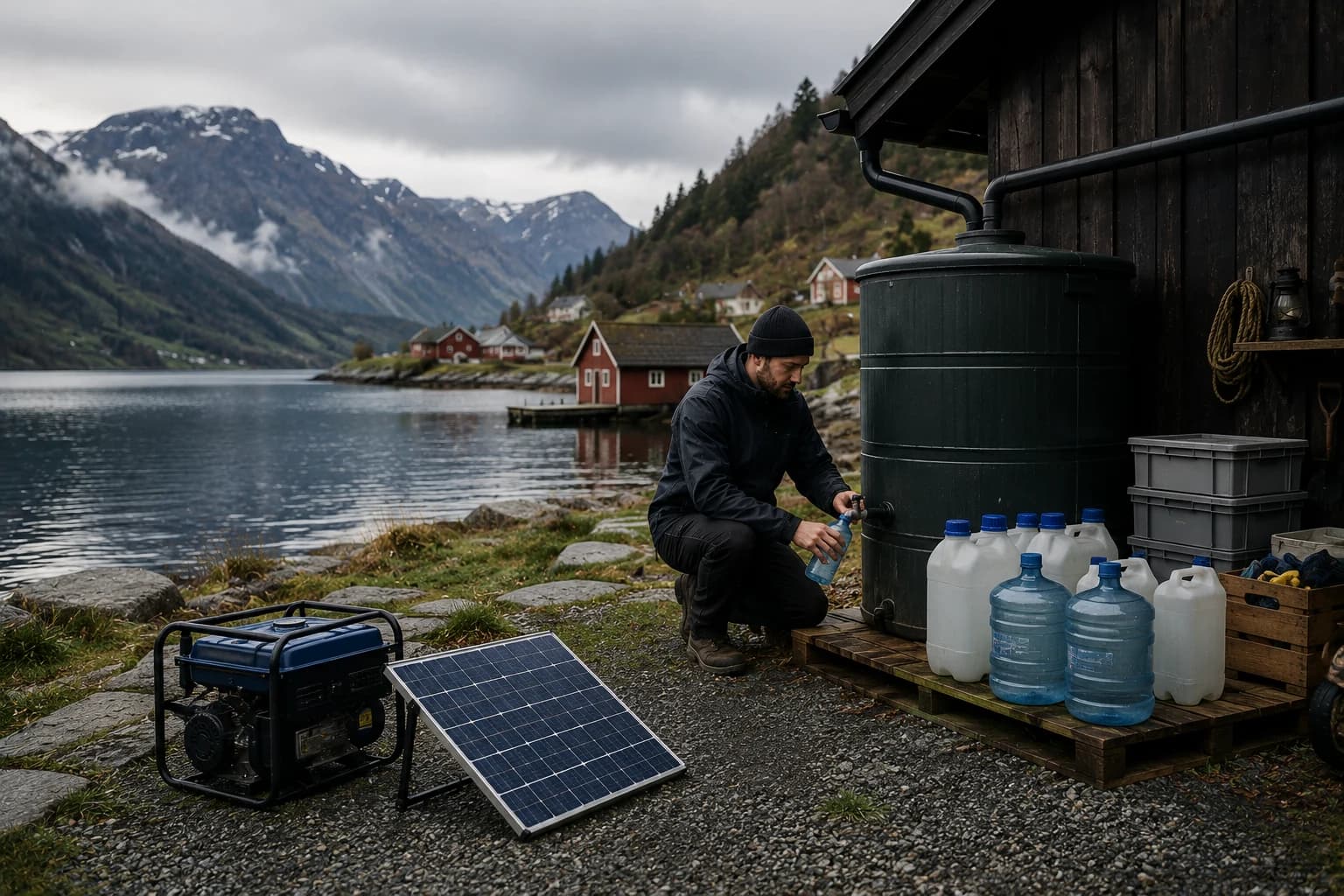 Praktisk illustrasjon av nødvann som del av vannberedskap hjemme.