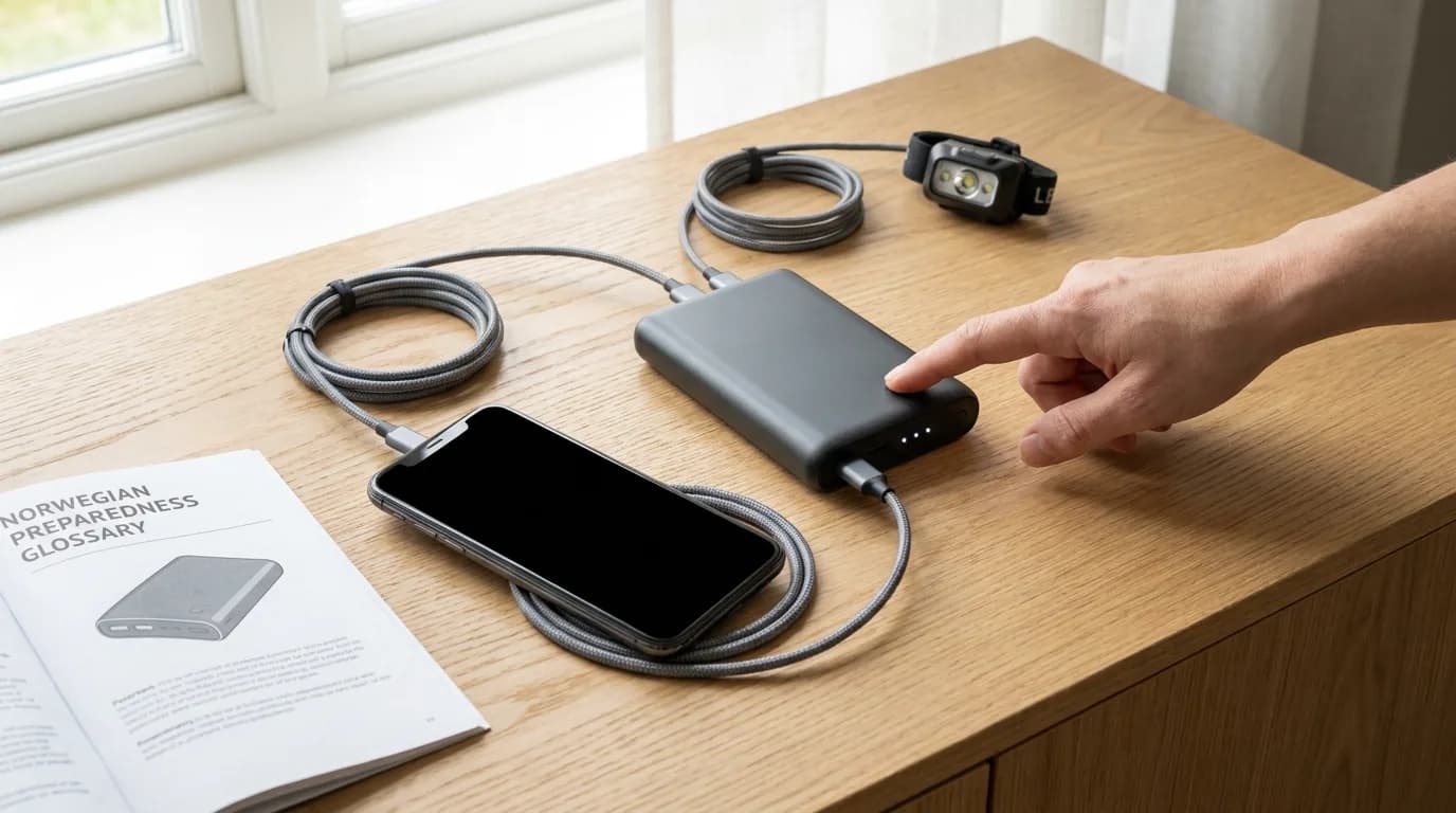 Praktisk illustrasjon av powerbank som del av strøm, varme og lys hjemme.