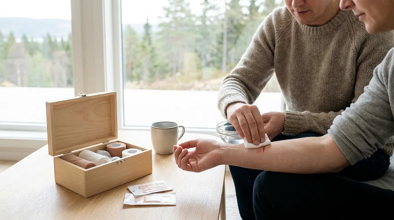 Praktisk illustrasjon av sårstell som del av helse og hygiene hjemme.