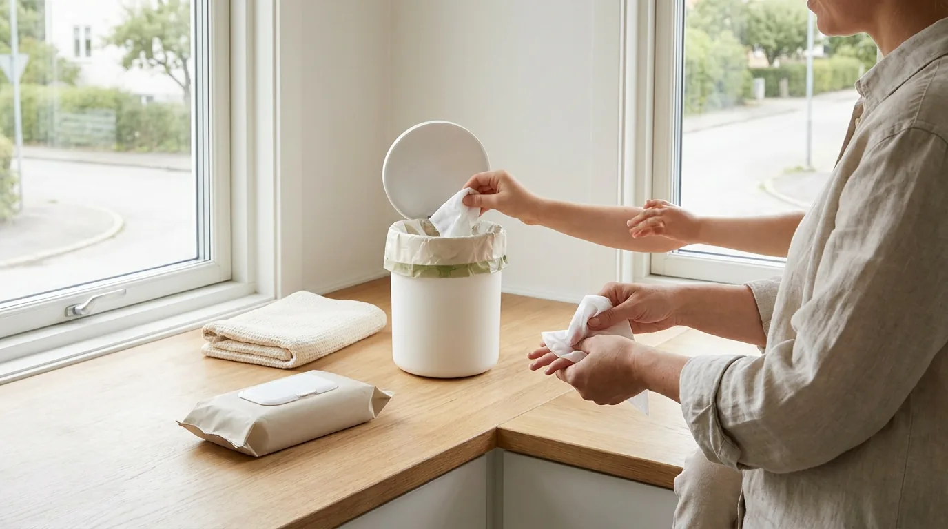 Praktisk illustrasjon av våtservietter som del av helse og hygiene hjemme.