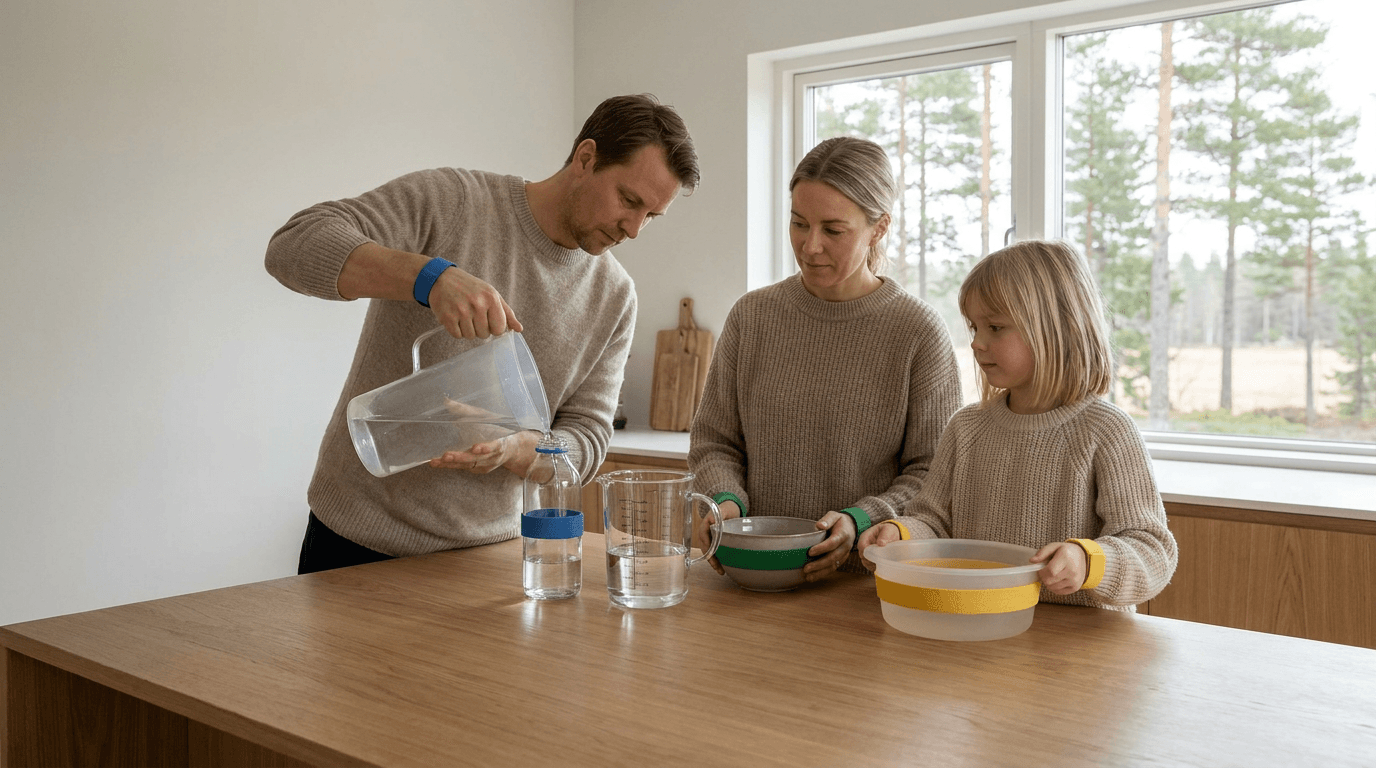 Praktisk illustrasjon av vannrasjonering som del av vannberedskap hjemme.