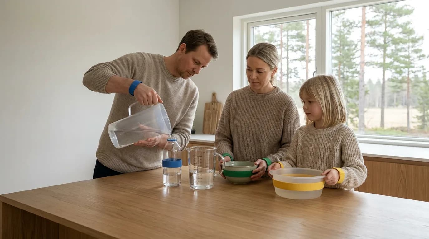 Praktisk illustrasjon av vannrasjonering som del av vannberedskap hjemme.