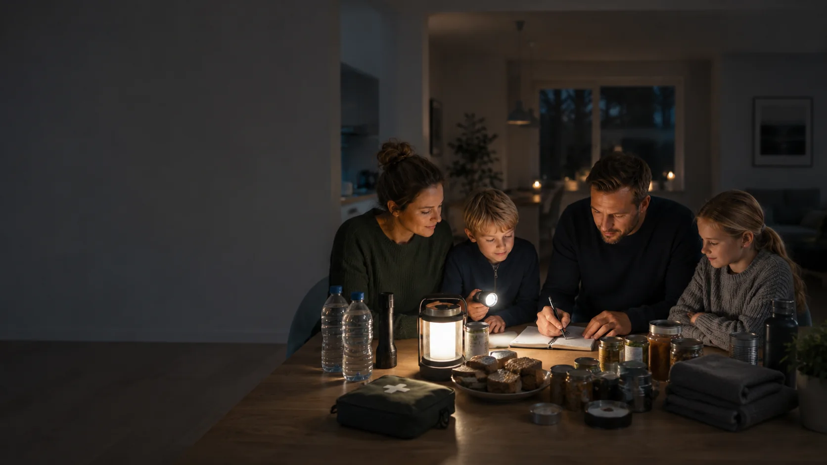 Familie som bruker beredskapsutstyr, lykt og plan ved bordet under strømbrudd.