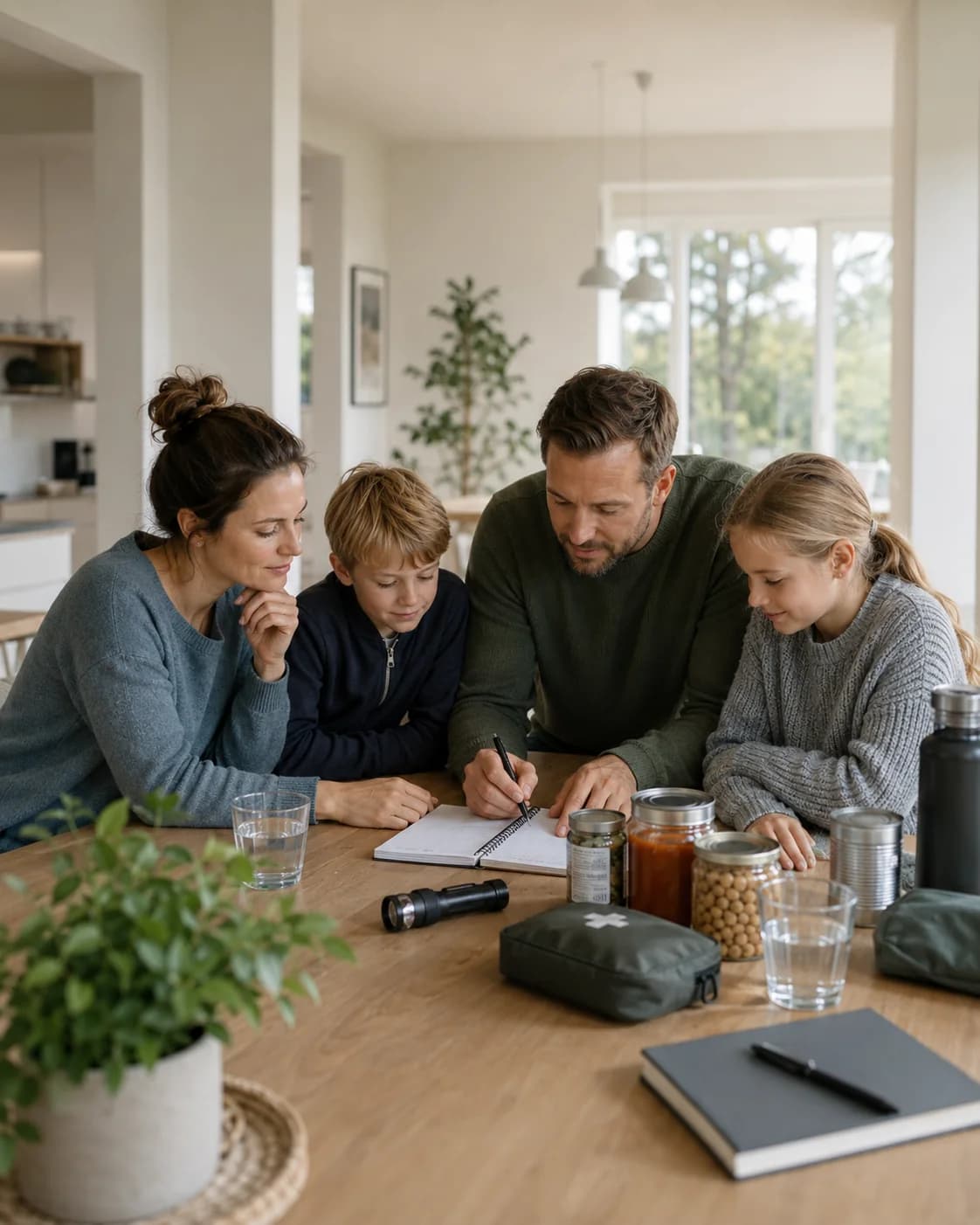 Familie som planlegger beredskap rundt et kjøkkenbord.