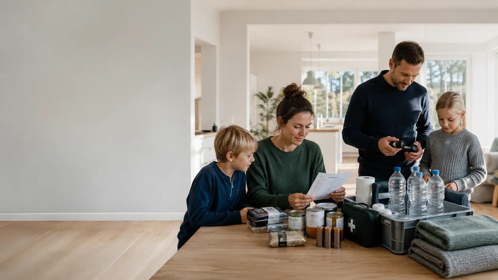 En familie som går gjennom en enkel beredskapsplan og varer hjemme.