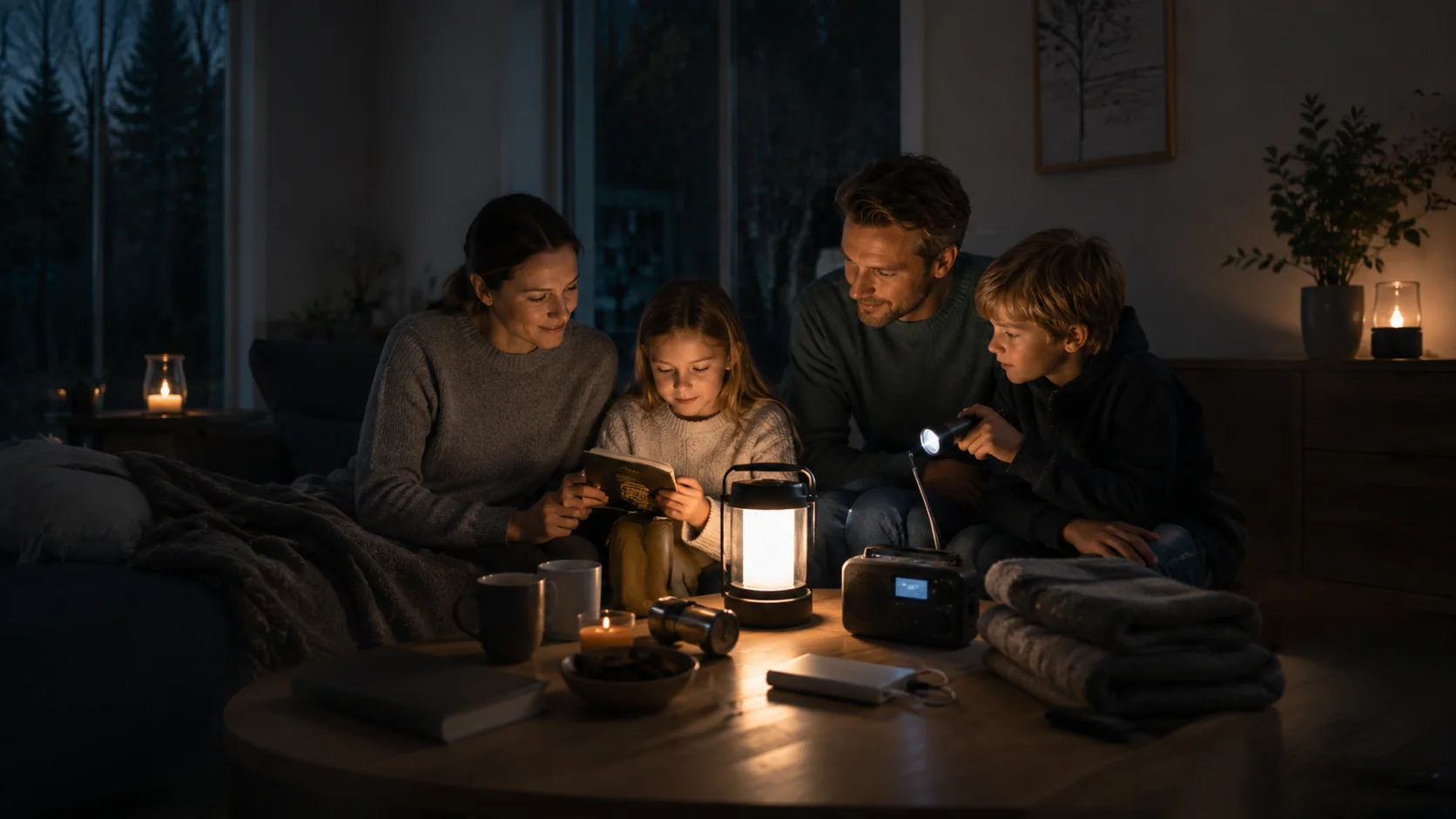 Familie ved bord med lykt, radio og beredskapsutstyr under strømbrudd.