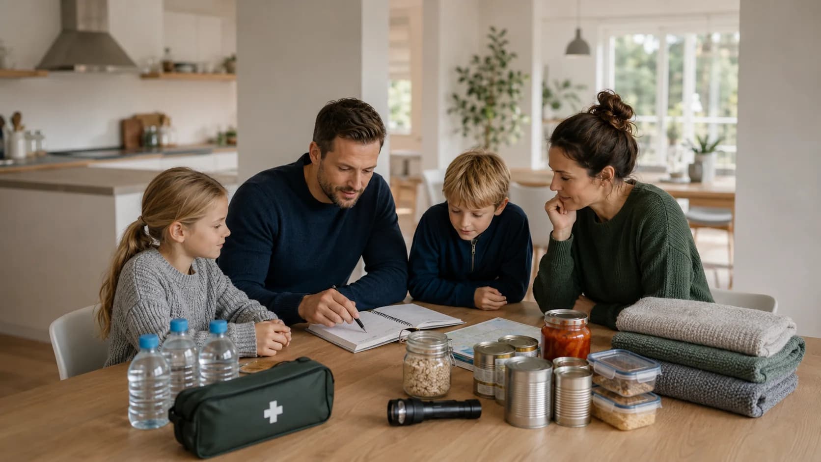 Familie som planlegger egenberedskap hjemme med vann, mat og sjekkliste.