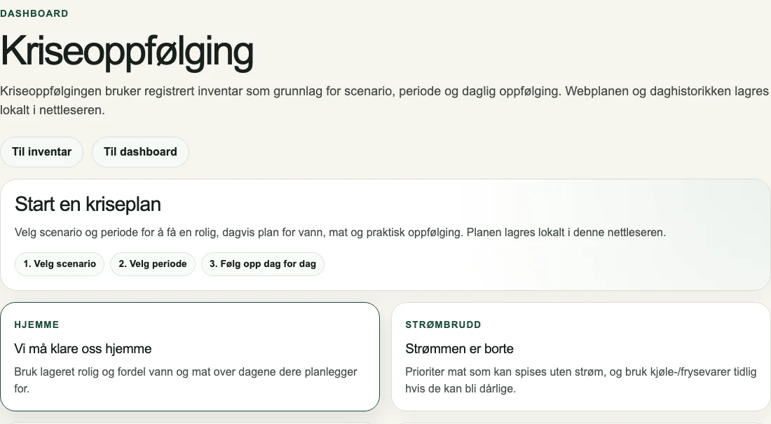 Krisemodus i Forsvarlig.no med valg av scenario og planperiode.