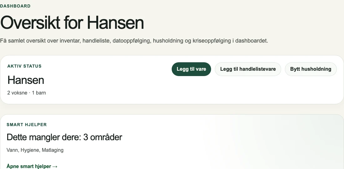 Dashboard i Forsvarlig.no med status, husholdning og neste steg.