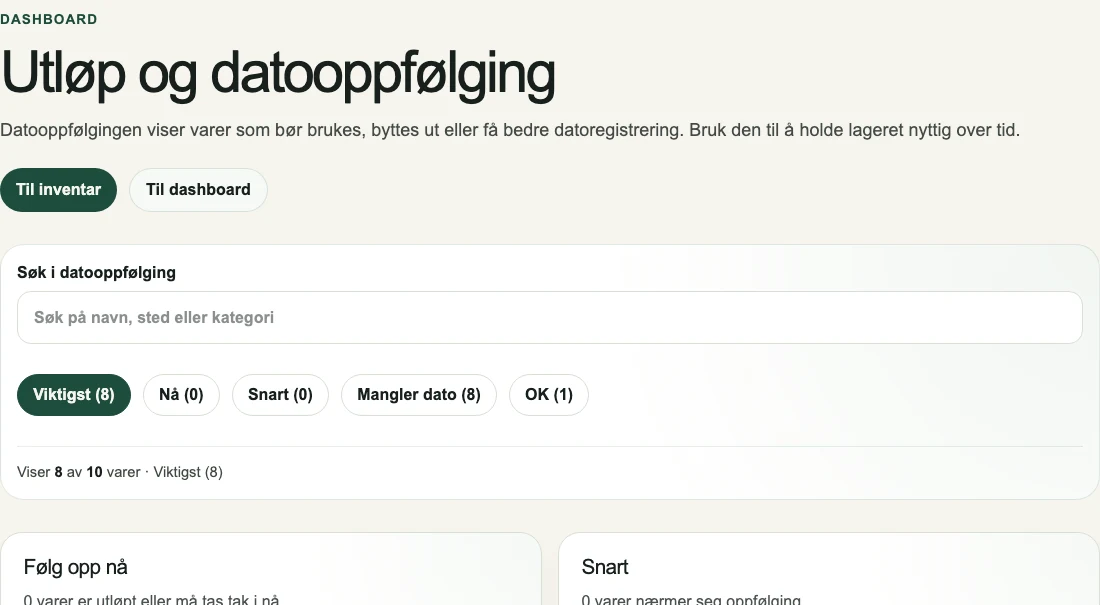 Utløpsoversikt i Forsvarlig.no som viser varer som bør følges opp.