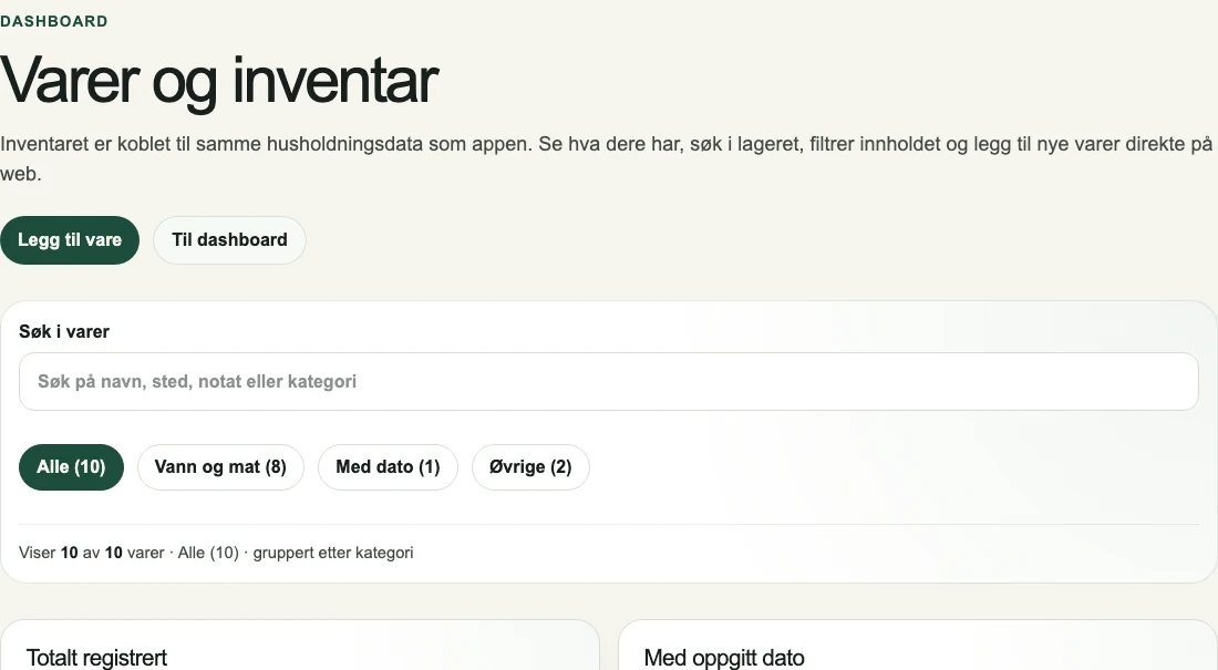 Inventaroversikt i Forsvarlig.no for beredskapslager hjemme.