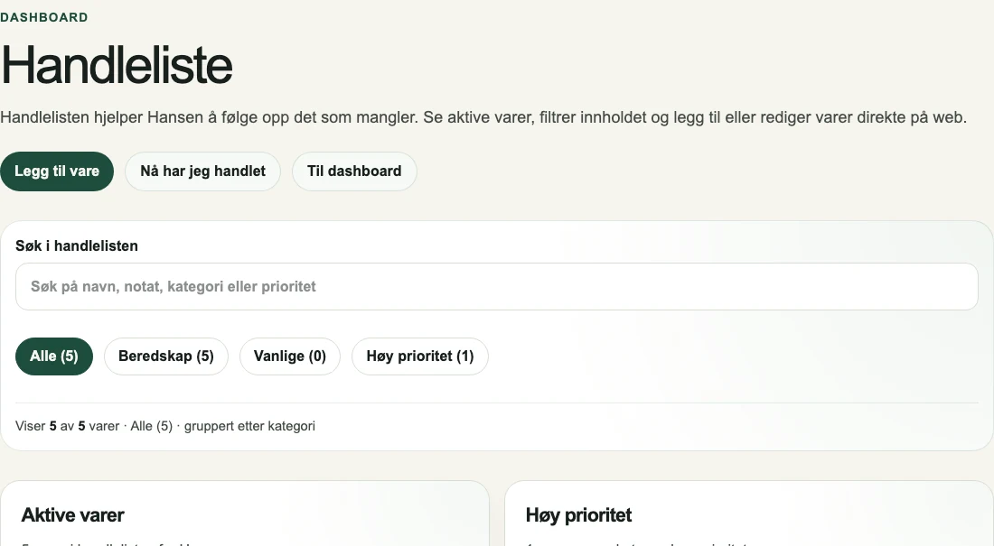 Handleliste i Forsvarlig.no med varer som mangler i beredskapslageret.